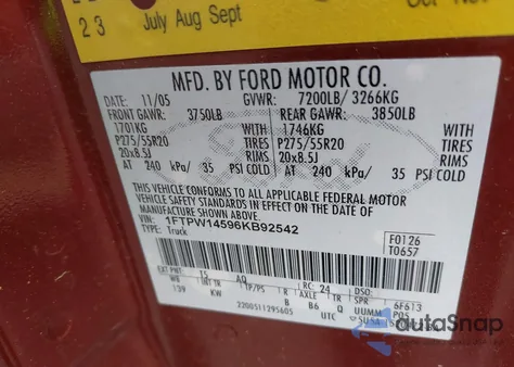 2006 Ford F-150 Fx4/Lariat/Xlt из США, поврежденный, VIN 1FTPW14596KB92542